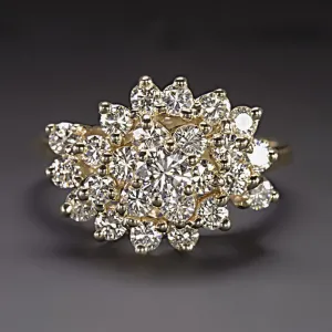 1.35ct VINTAGE DIAMOND COCKTAIL RING F-G VS CLUSTER STATEMENT 14k YELLOW GOLD
