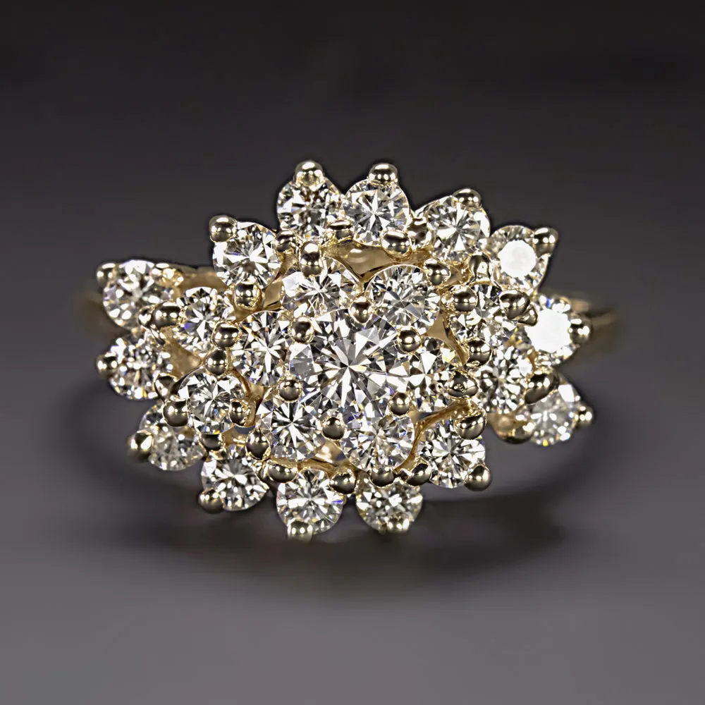 1.35ct VINTAGE DIAMOND COCKTAIL RING F-G VS CLUSTER STATEMENT 14k YELLOW GOLD