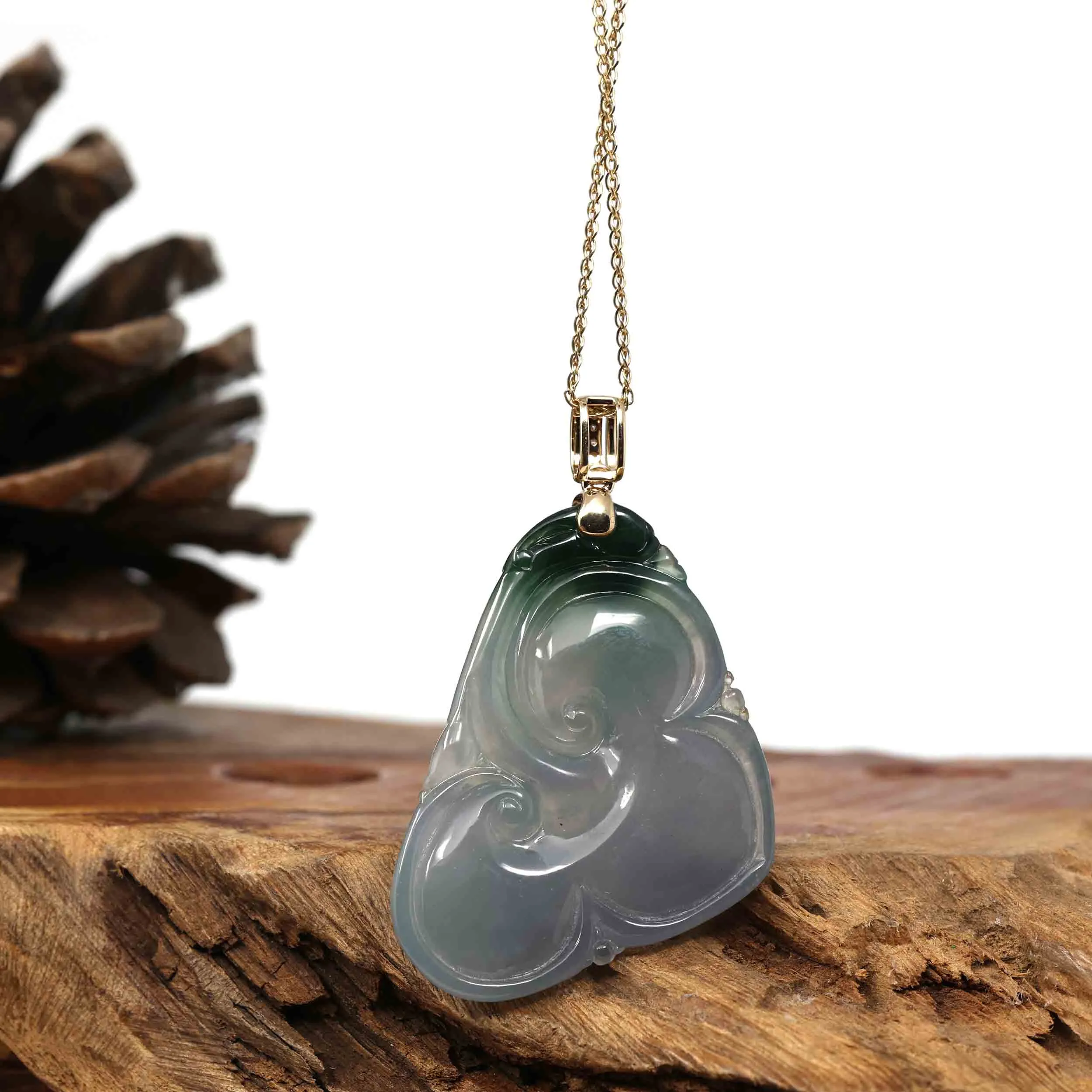 14k Yellow Gold Genuine Burmese Light Lavender Jadeite Happiness and Safety  (Fu & Ping An) Pendant Necklace