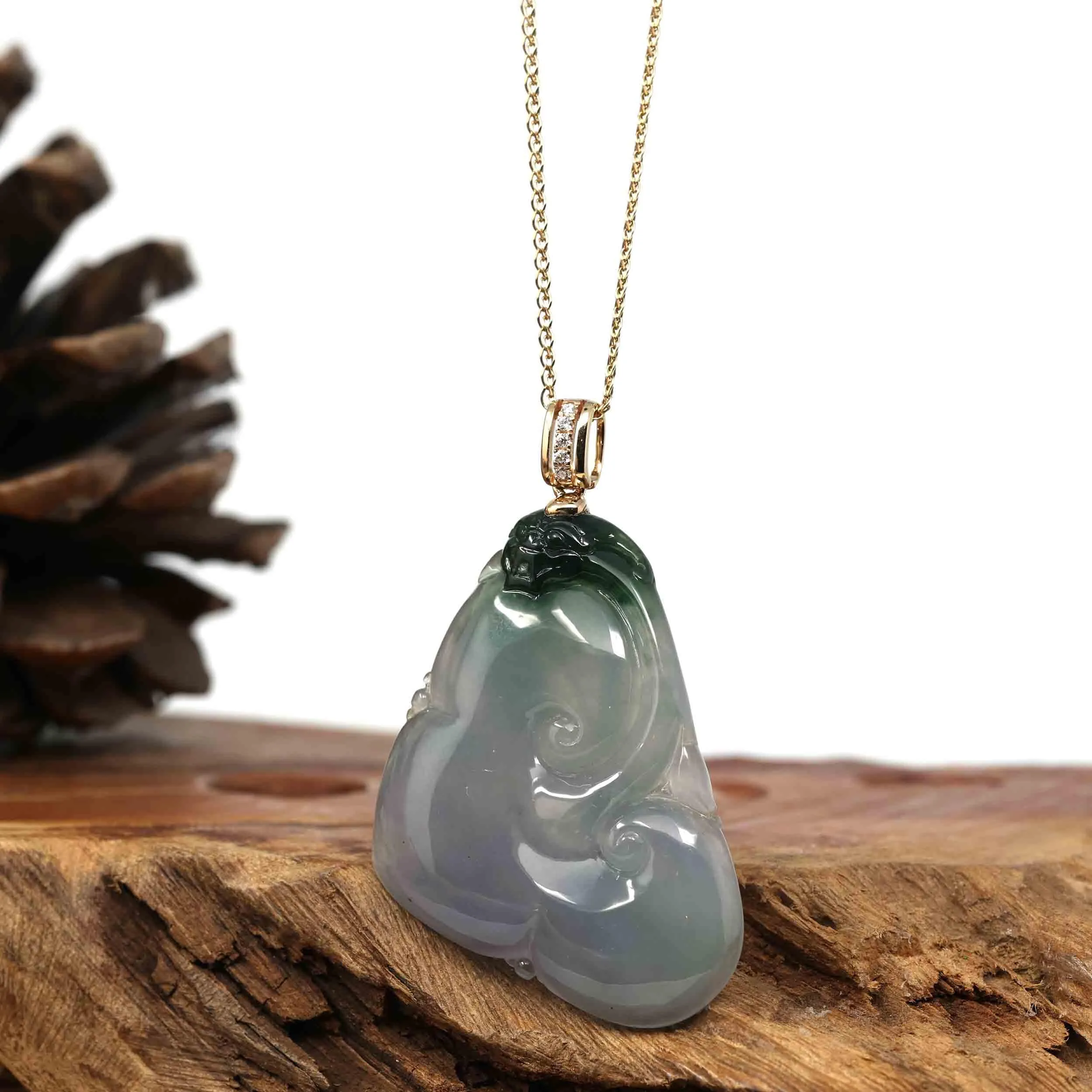 14k Yellow Gold Genuine Burmese Light Lavender Jadeite Happiness and Safety  (Fu & Ping An) Pendant Necklace