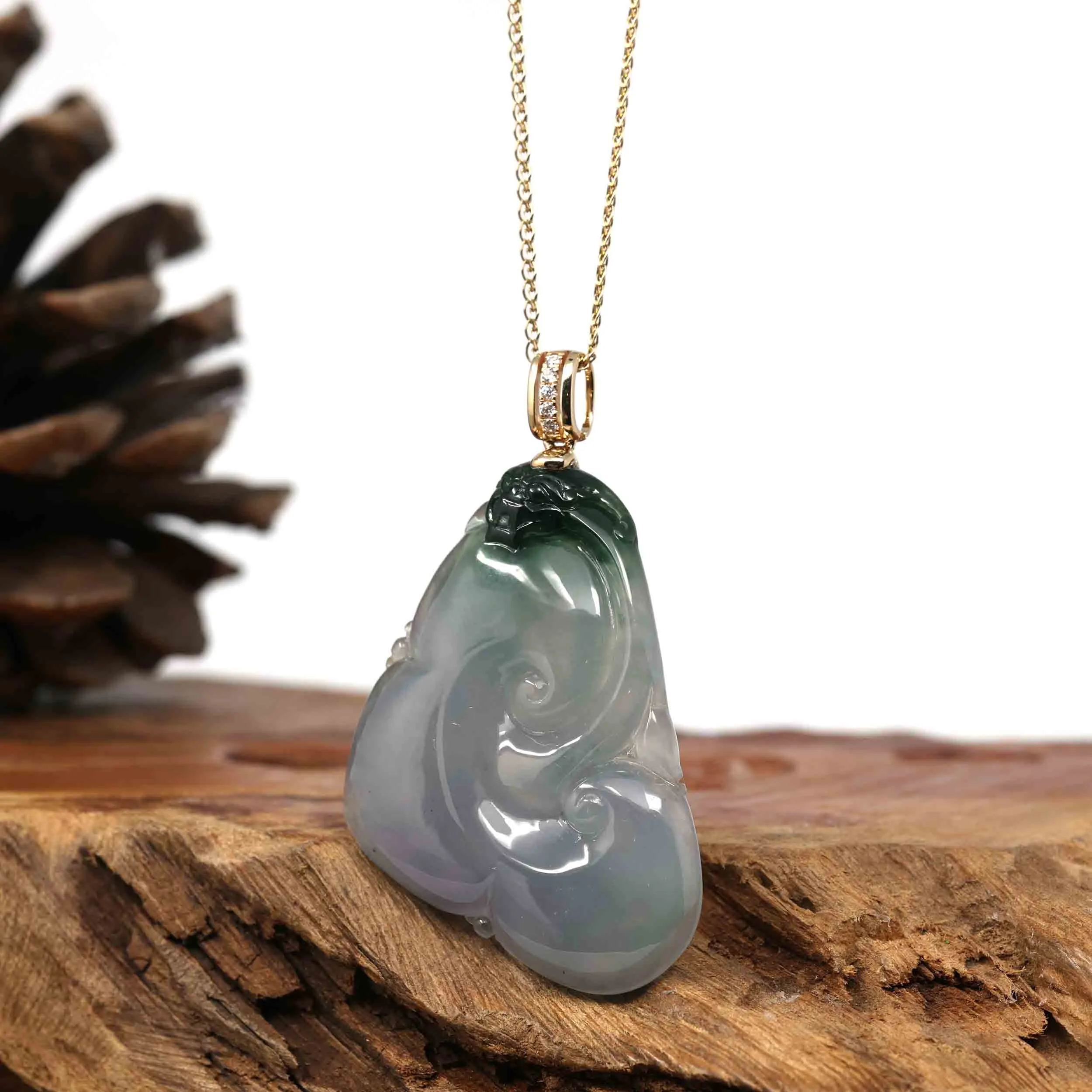 14k Yellow Gold Genuine Burmese Light Lavender Jadeite Happiness and Safety  (Fu & Ping An) Pendant Necklace