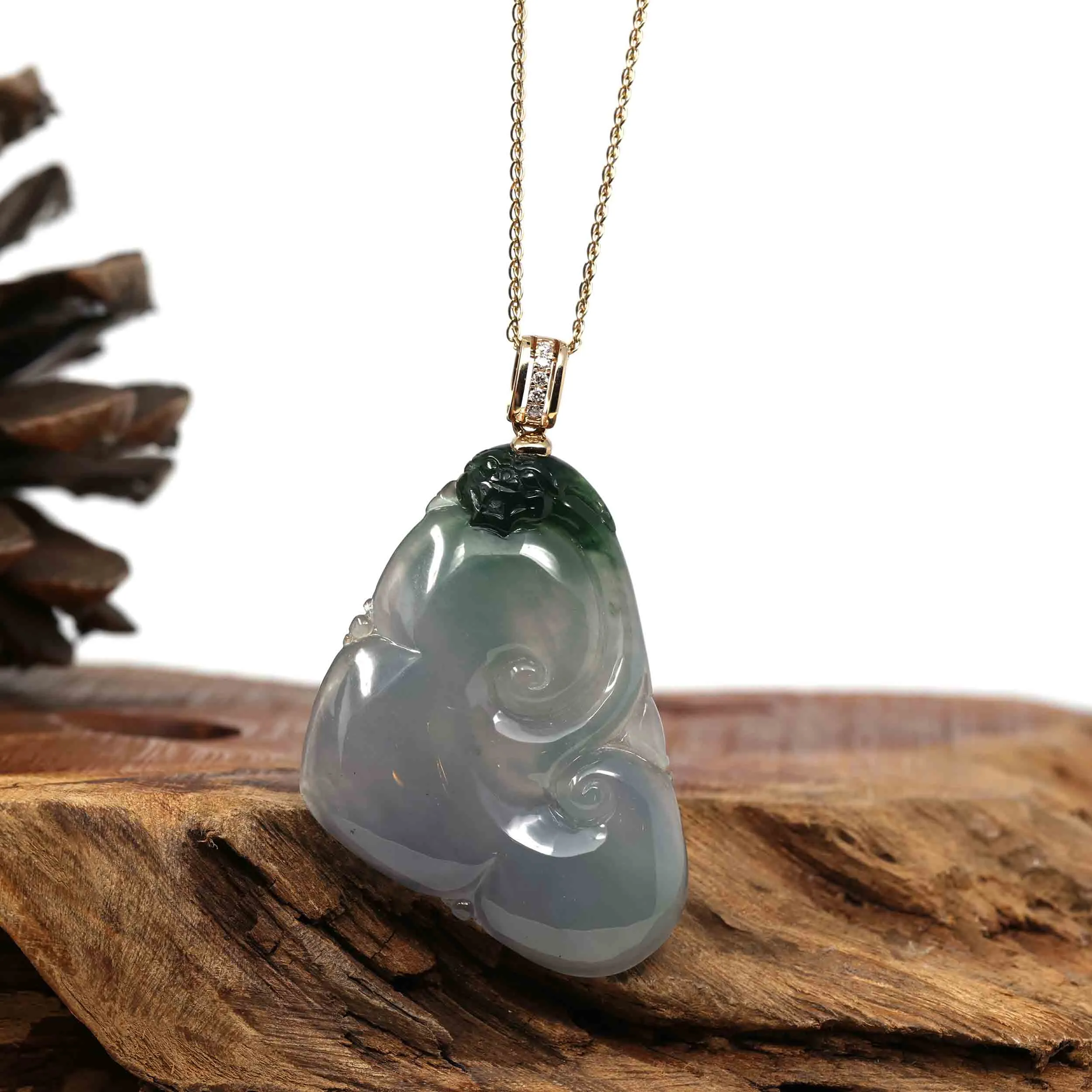 14k Yellow Gold Genuine Burmese Light Lavender Jadeite Happiness and Safety  (Fu & Ping An) Pendant Necklace