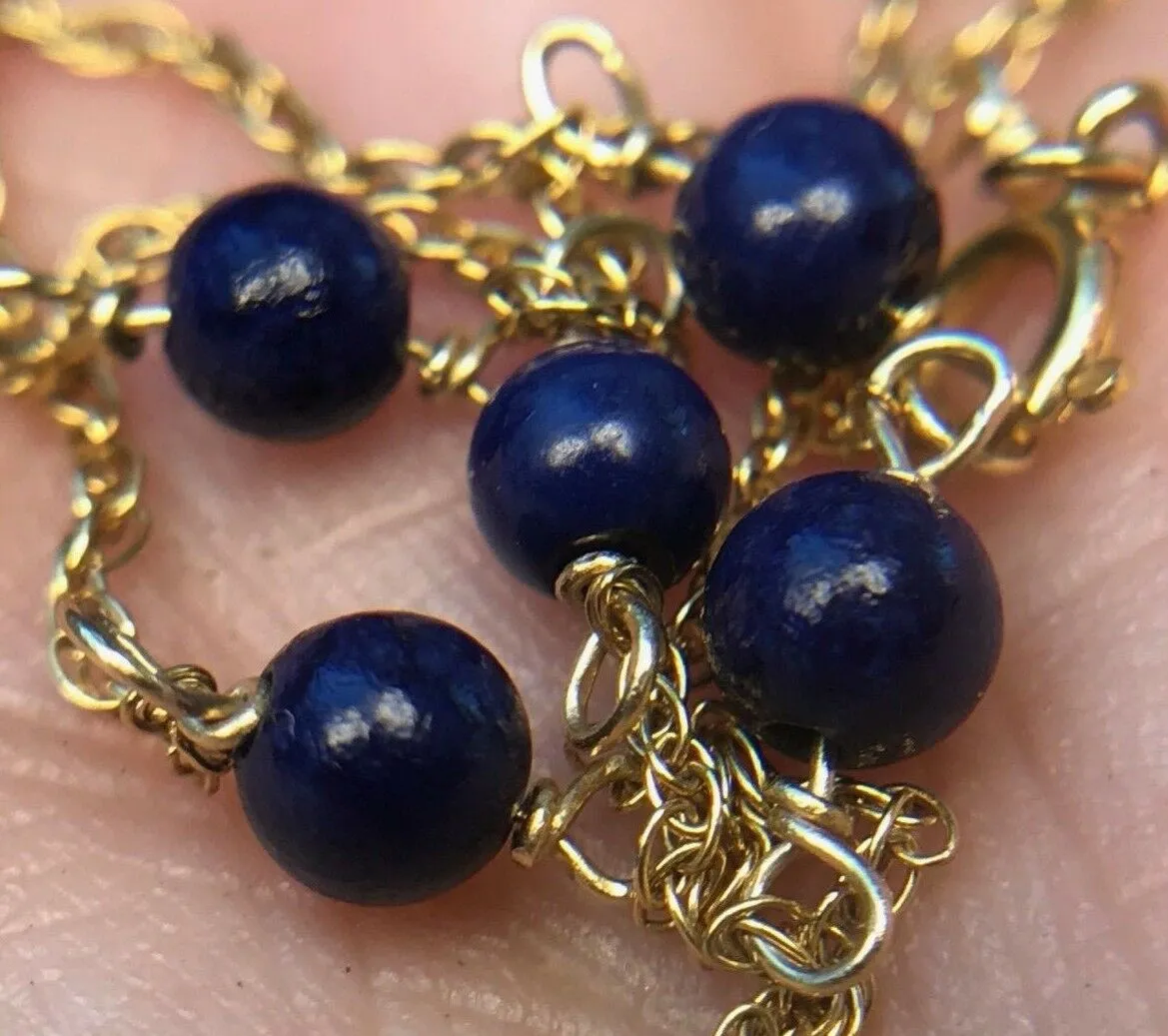 14k Yellow Gold Lapis Lazuli Station Chain 17" & 24" Necklace & Bracelet Set