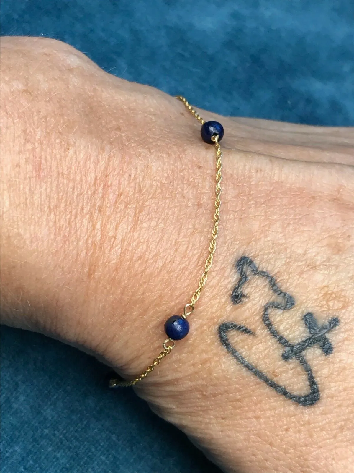 14k Yellow Gold Lapis Lazuli Station Chain 17" & 24" Necklace & Bracelet Set