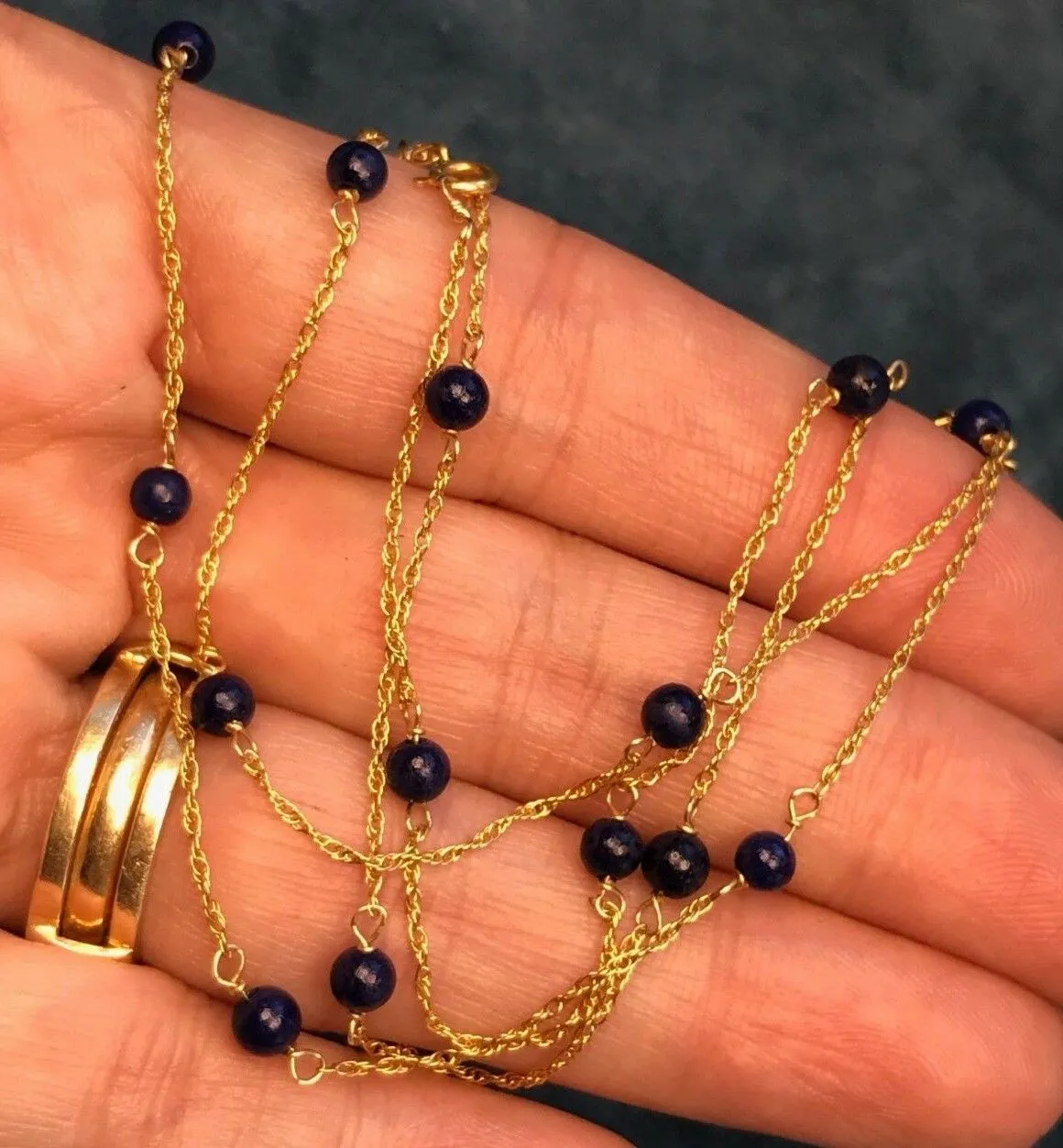 14k Yellow Gold Lapis Lazuli Station Chain 17" & 24" Necklace & Bracelet Set