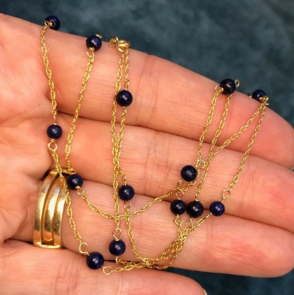 14k Yellow Gold Lapis Lazuli Station Chain 17" & 24" Necklace & Bracelet Set