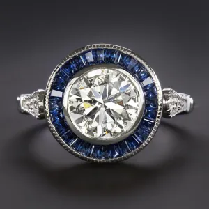 1.81ct DIAMOND SAPPHIRE VINTAGE STYLE RING ART DECO 14k WHITE GOLD NATURAL ROUND
