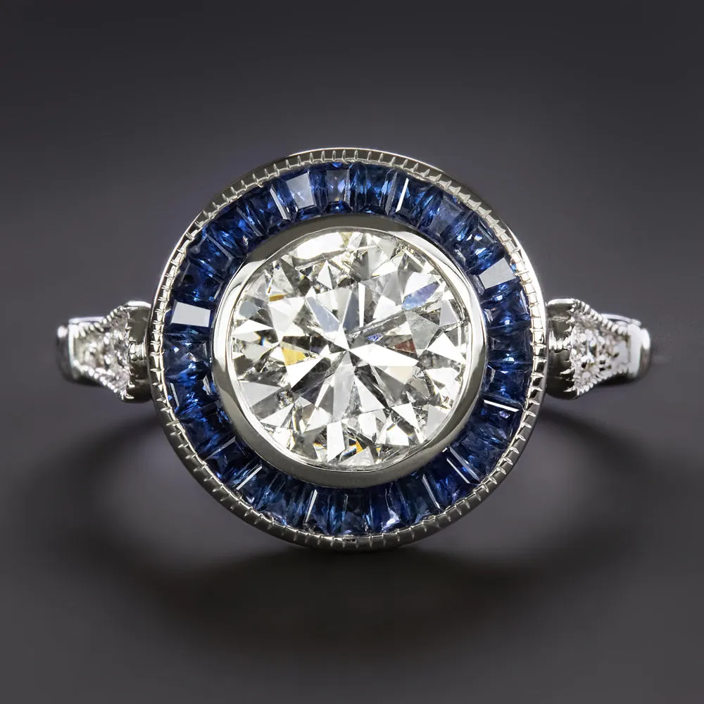 1.81ct DIAMOND SAPPHIRE VINTAGE STYLE RING ART DECO 14k WHITE GOLD NATURAL ROUND