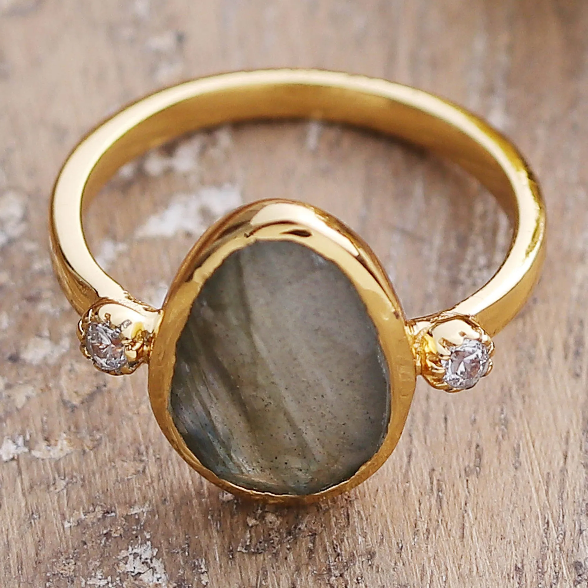 18k Gold-Plated Pear-Shaped Labradorite Cocktail Ring - Evening Light | NOVICA