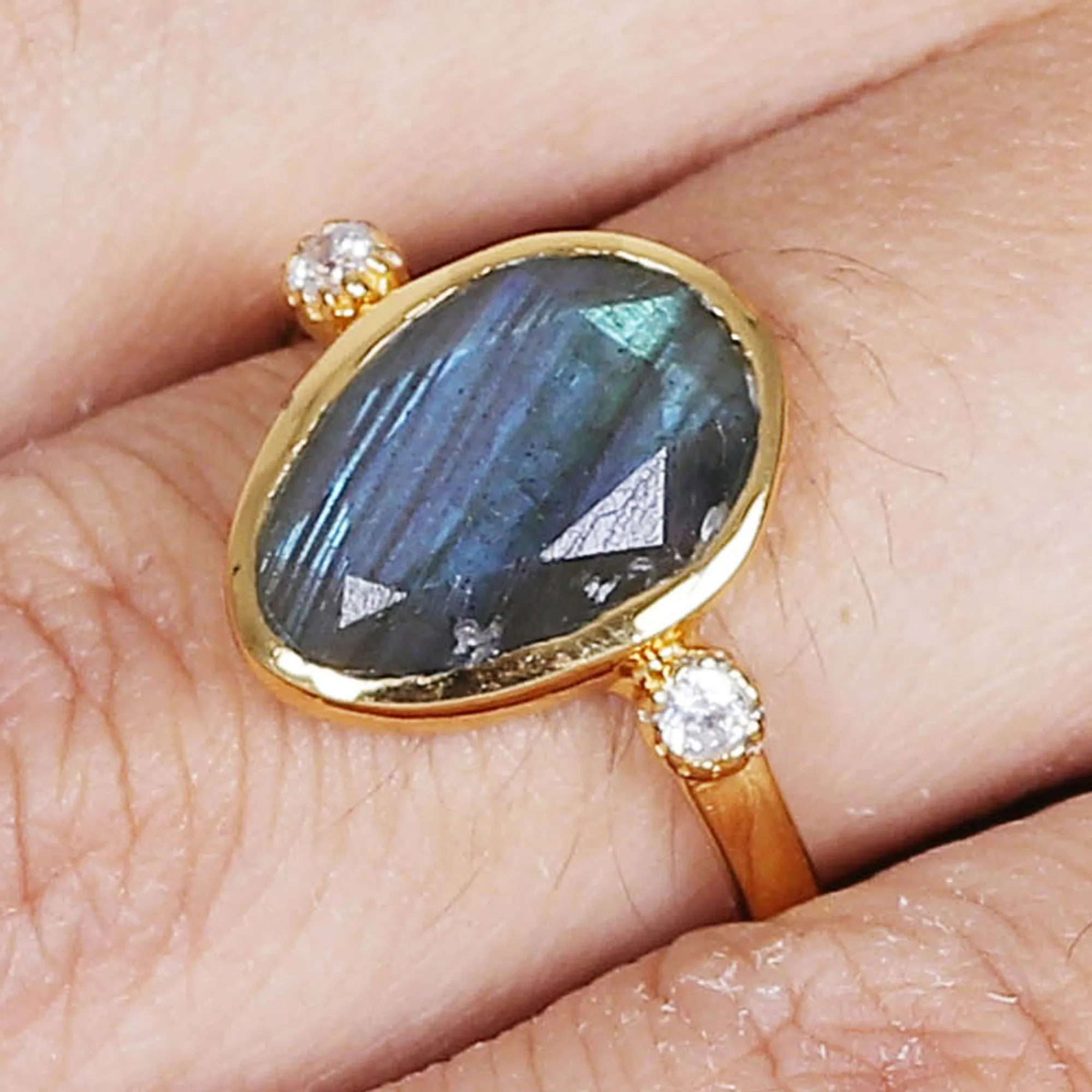 18k Gold-Plated Pear-Shaped Labradorite Cocktail Ring - Evening Light | NOVICA