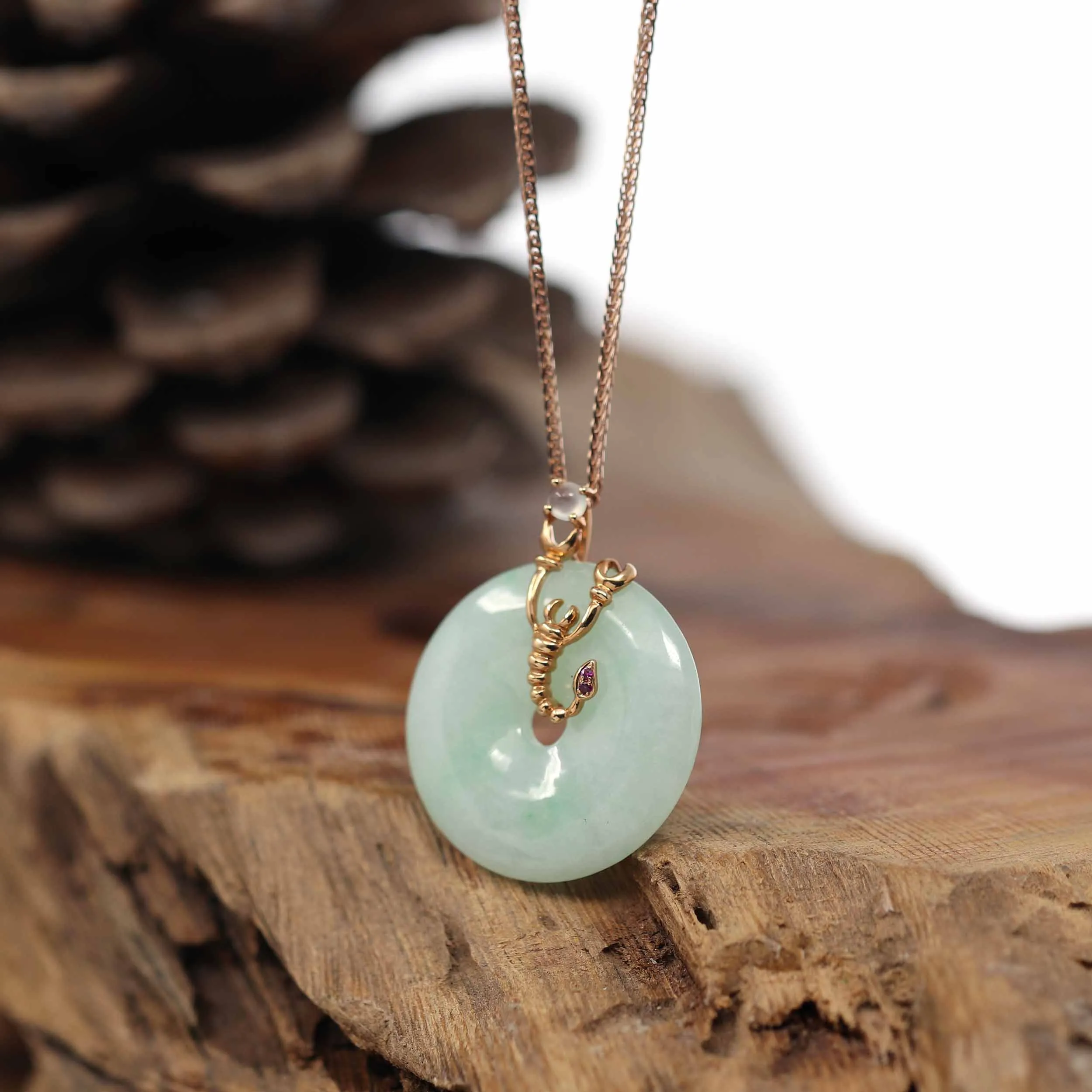 18k Rose Gold Genuine Burmese Jadeite Constellation (Scorpio) Necklace Pendant with Ruby AA