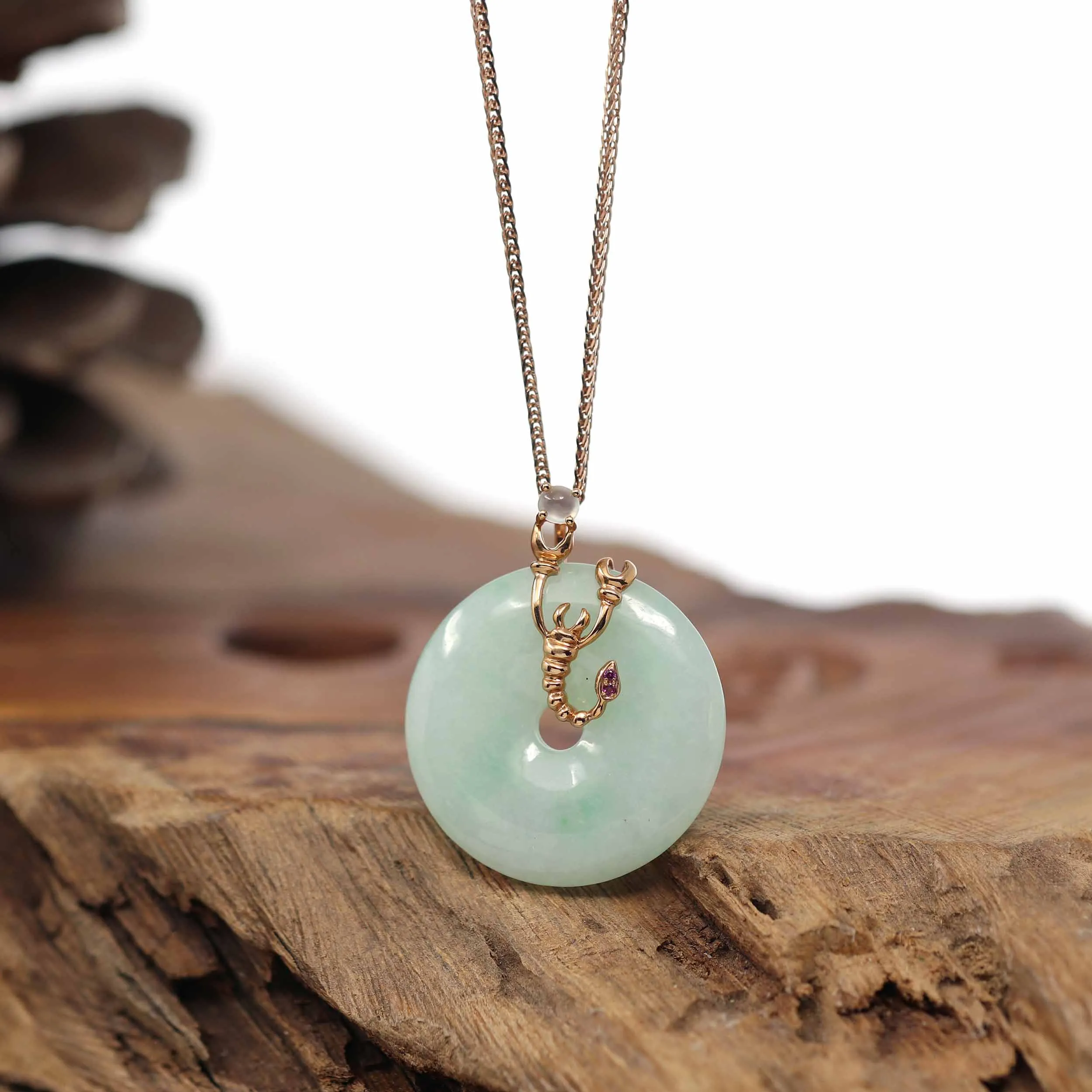 18k Rose Gold Genuine Burmese Jadeite Constellation (Scorpio) Necklace Pendant with Ruby AA