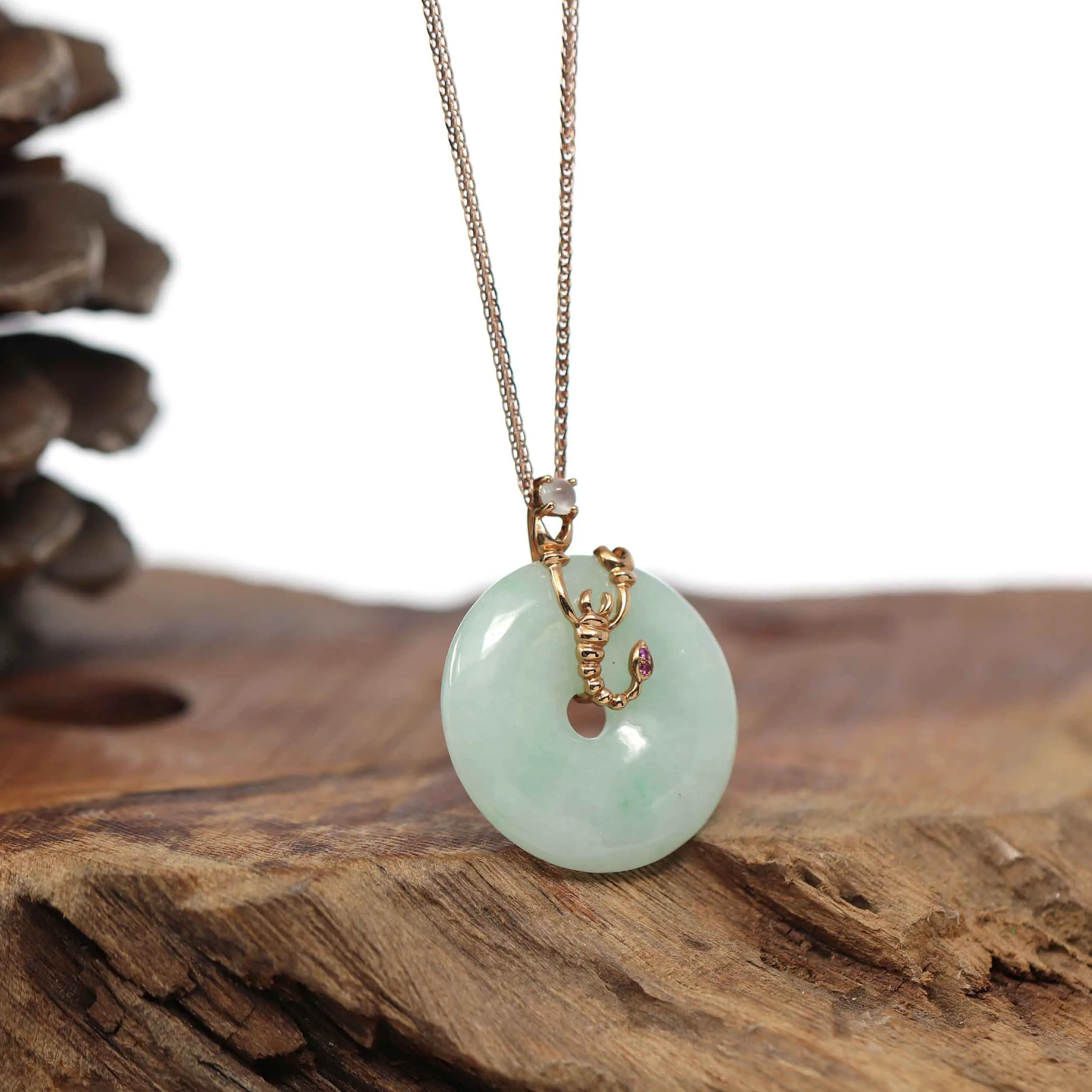 18k Rose Gold Genuine Burmese Jadeite Constellation (Scorpio) Necklace Pendant with Ruby AA