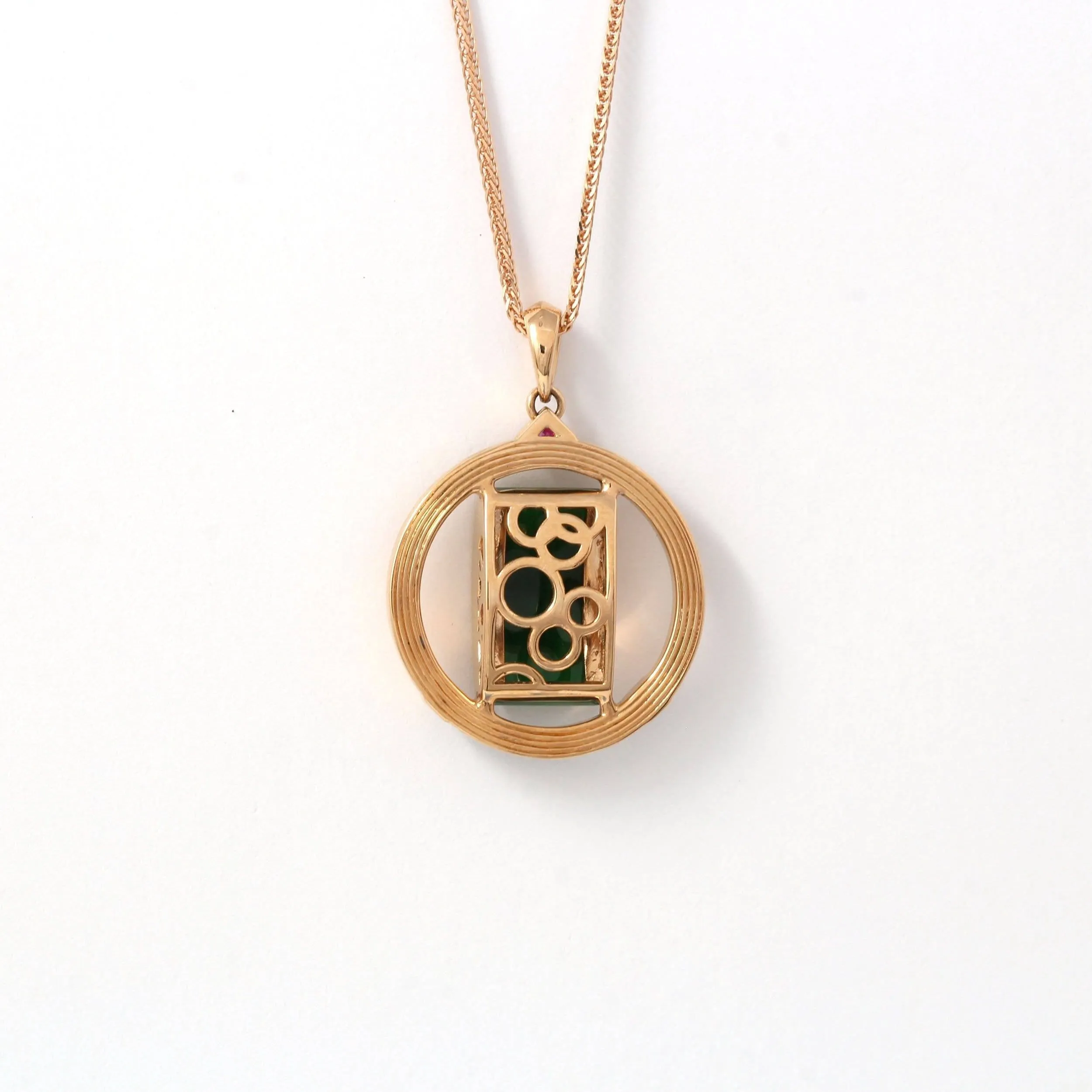 18k Rose Gold Genuine Burmese Jadeite Pendant Necklace With Diamond & Ruby