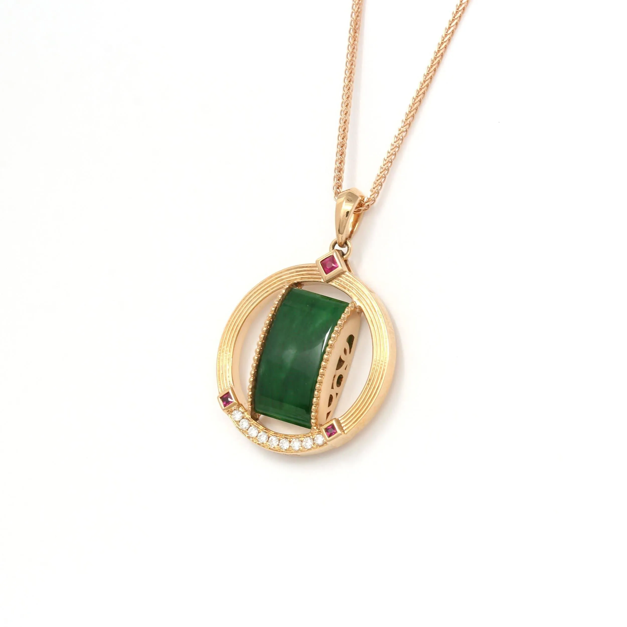 18k Rose Gold Genuine Burmese Jadeite Pendant Necklace With Diamond & Ruby