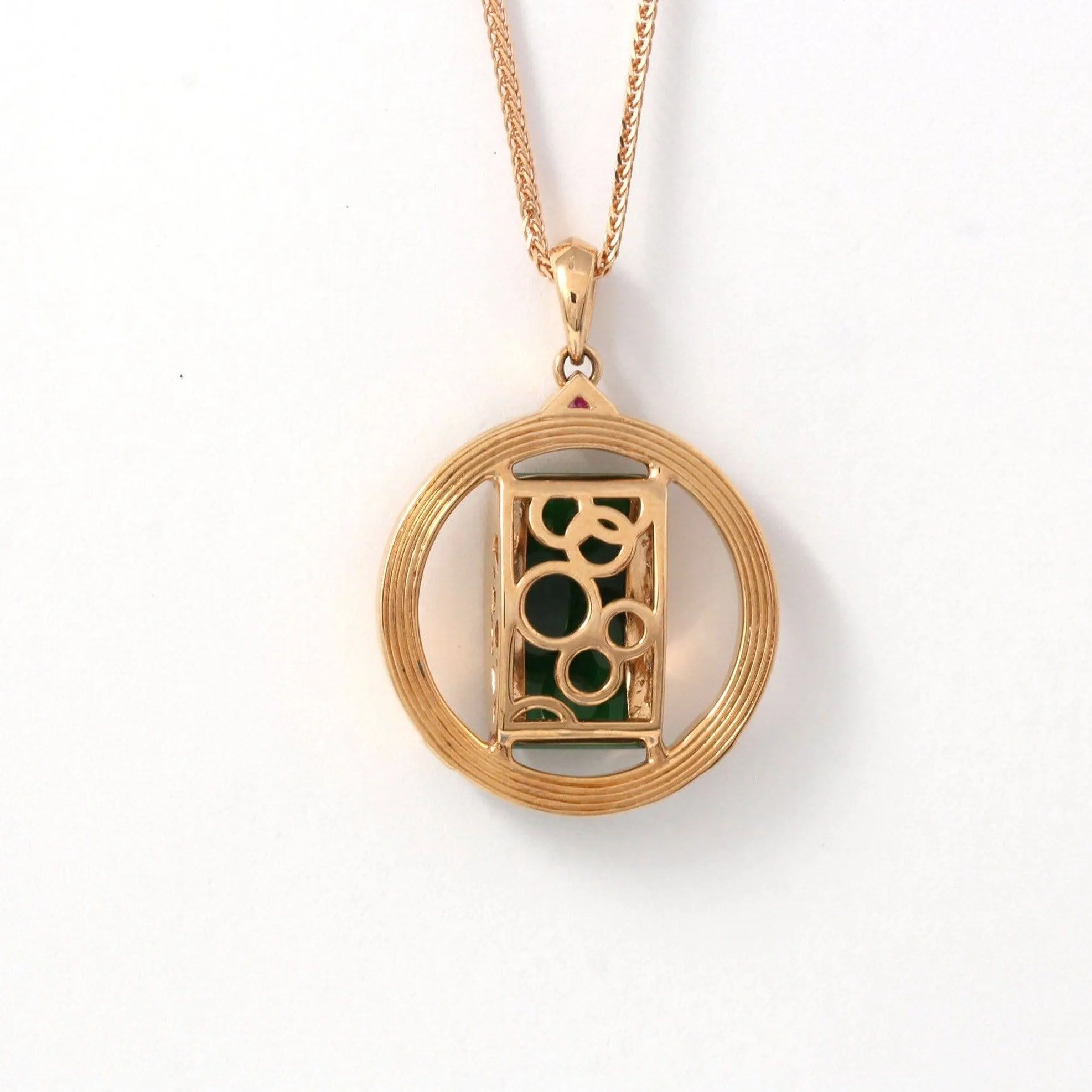 18k Rose Gold Genuine Burmese Jadeite Pendant Necklace With Diamond & Ruby