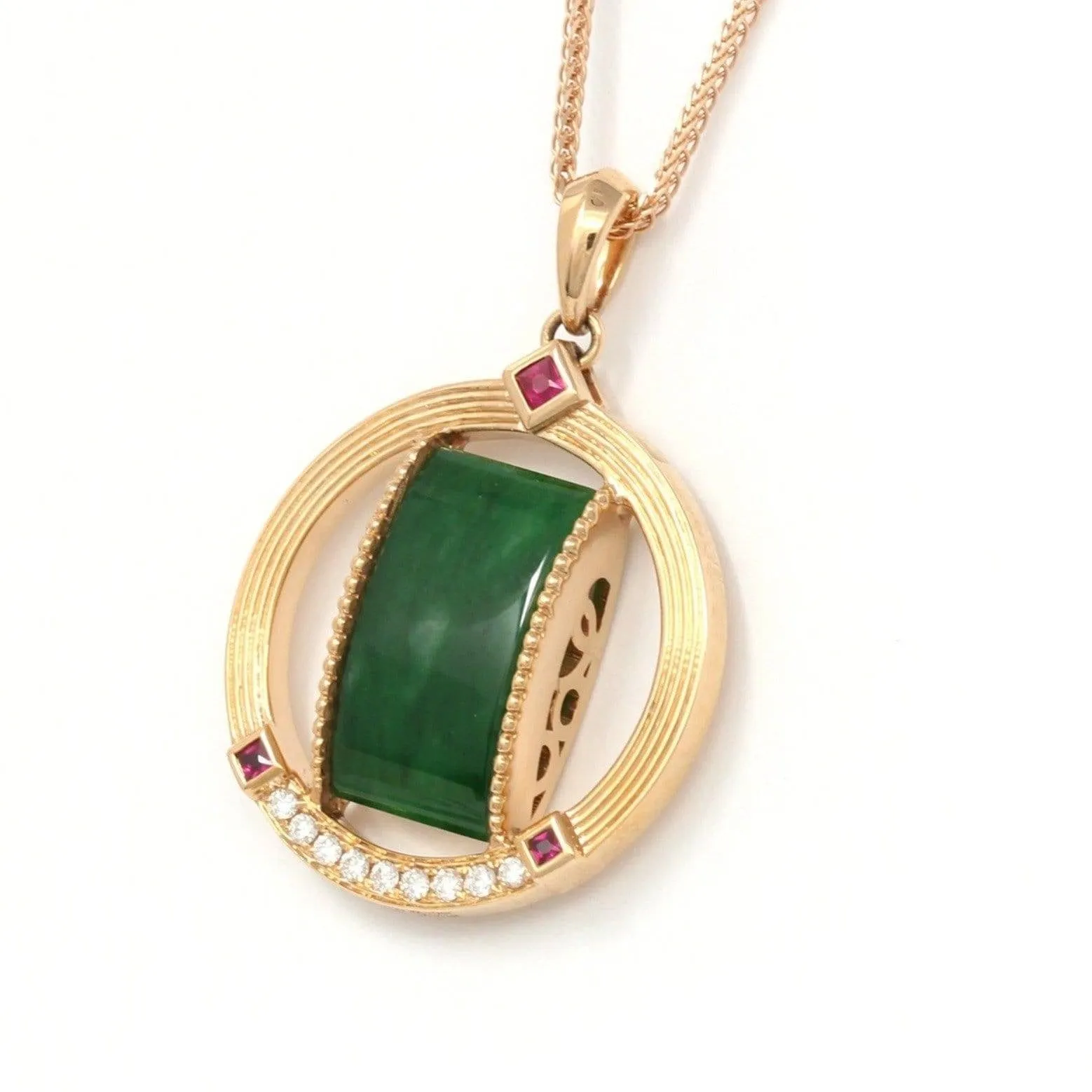 18k Rose Gold Genuine Burmese Jadeite Pendant Necklace With Diamond & Ruby