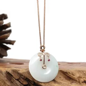 18k Rose Gold Genuine Jadeite Constellation 12 Zodiac Signs (Libra) Necklace Pendant with Diamonds & Ruby