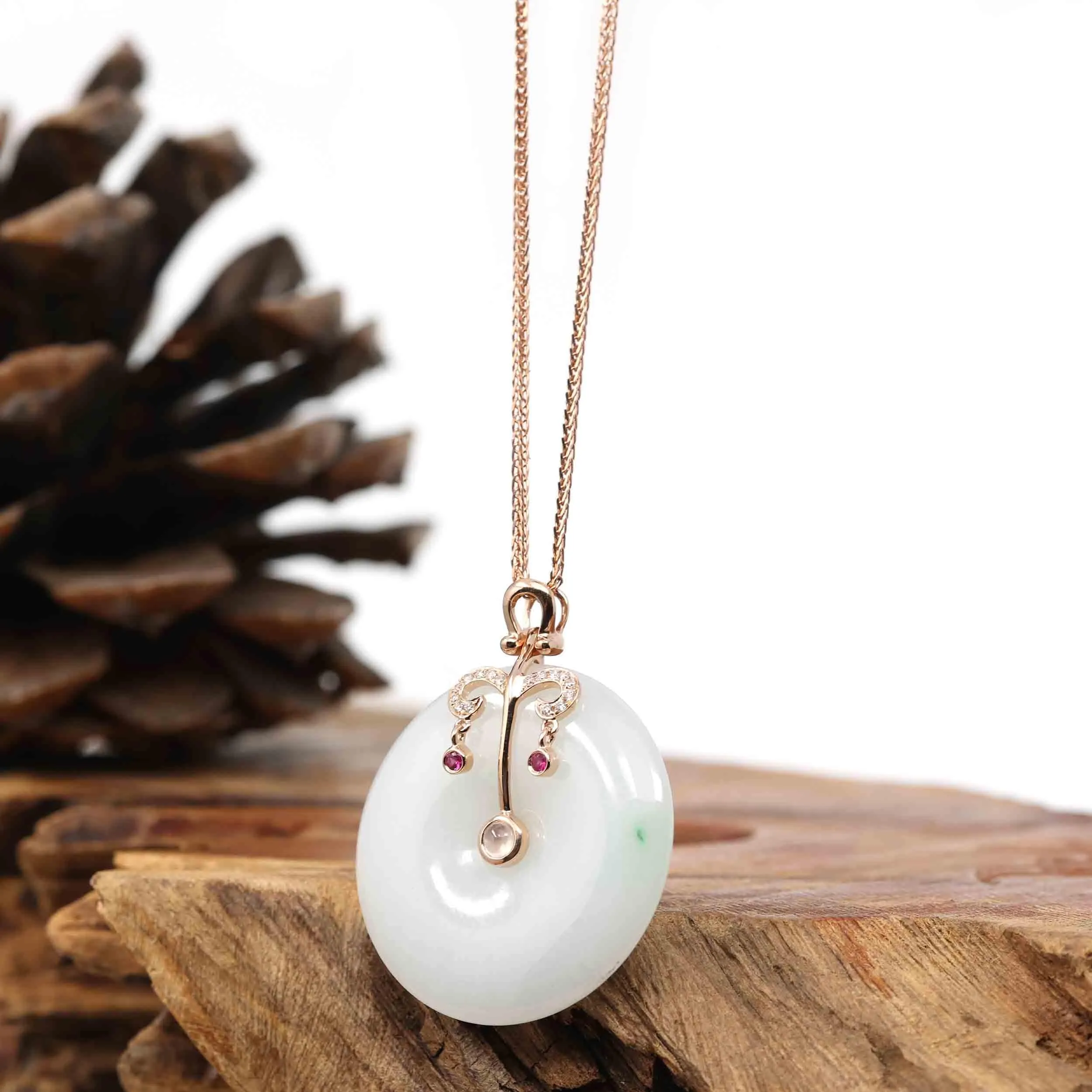 18k Rose Gold Genuine Jadeite Constellation 12 Zodiac Signs (Libra) Necklace Pendant with Diamonds & Ruby