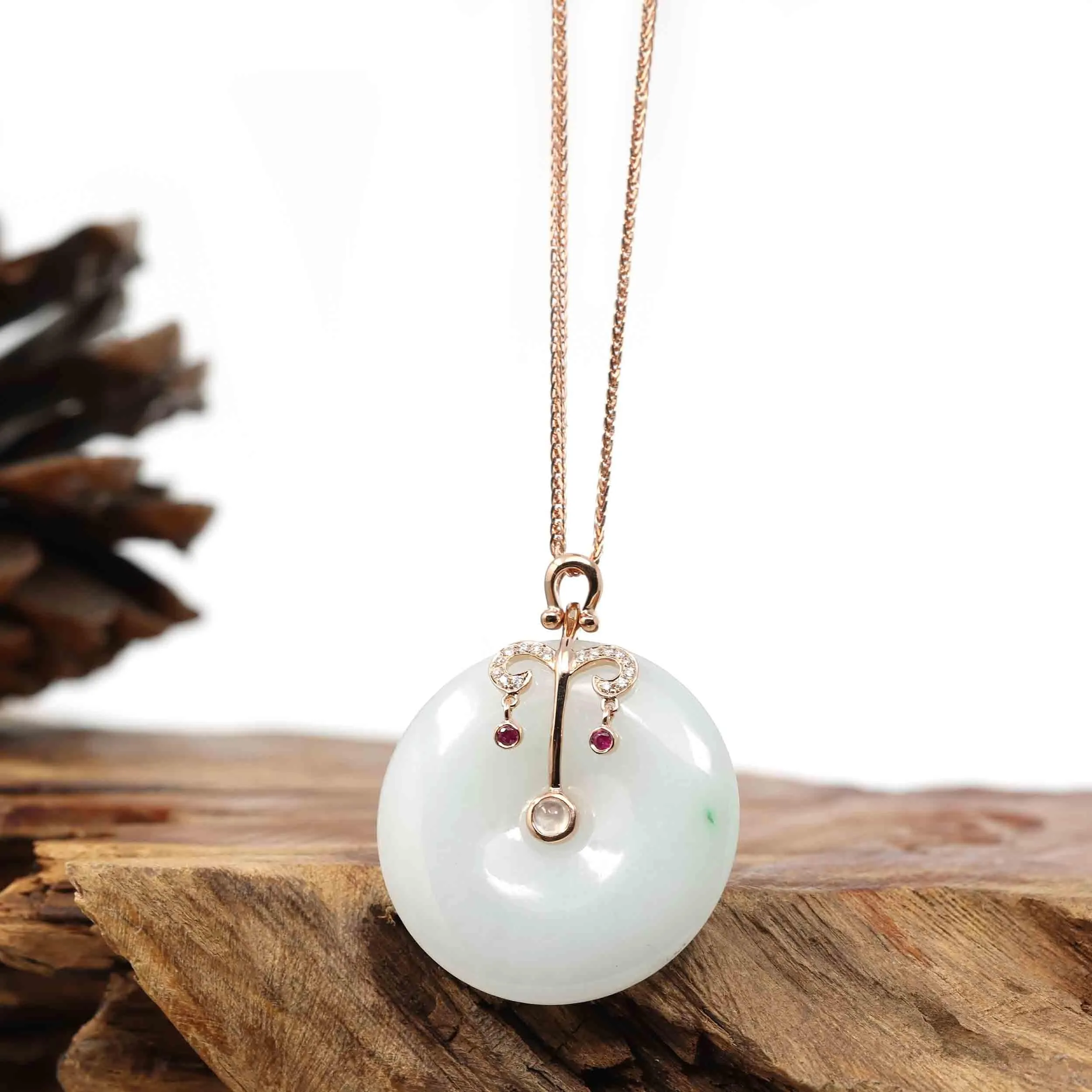 18k Rose Gold Genuine Jadeite Constellation 12 Zodiac Signs (Libra) Necklace Pendant with Diamonds & Ruby