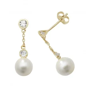 9ct Yellow Gold Pearl Zirconia Drop Earrings ES465