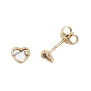 9ct Yellow Gold Zirconia &Mother Of Pearl Heart Stud Earrings ES616