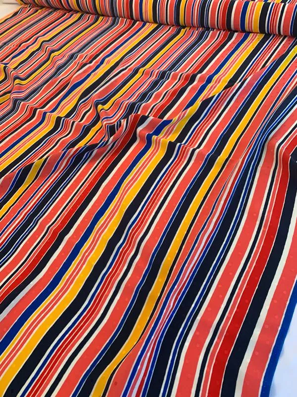 Abraham Vertical Striped Printed Silk Jacquard - Coral / Yellow / Royal / Navy  / White
