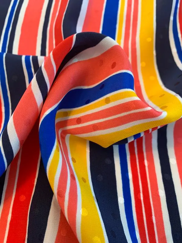 Abraham Vertical Striped Printed Silk Jacquard - Coral / Yellow / Royal / Navy  / White