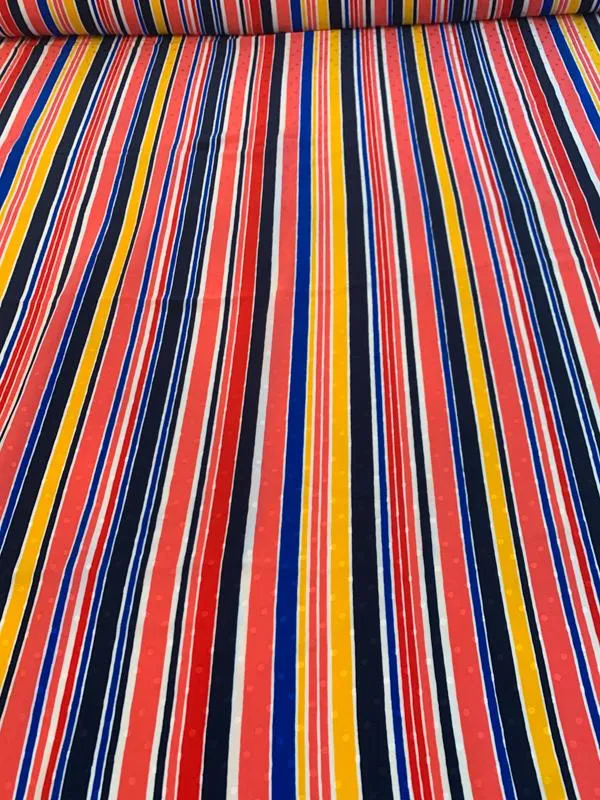 Abraham Vertical Striped Printed Silk Jacquard - Coral / Yellow / Royal / Navy  / White