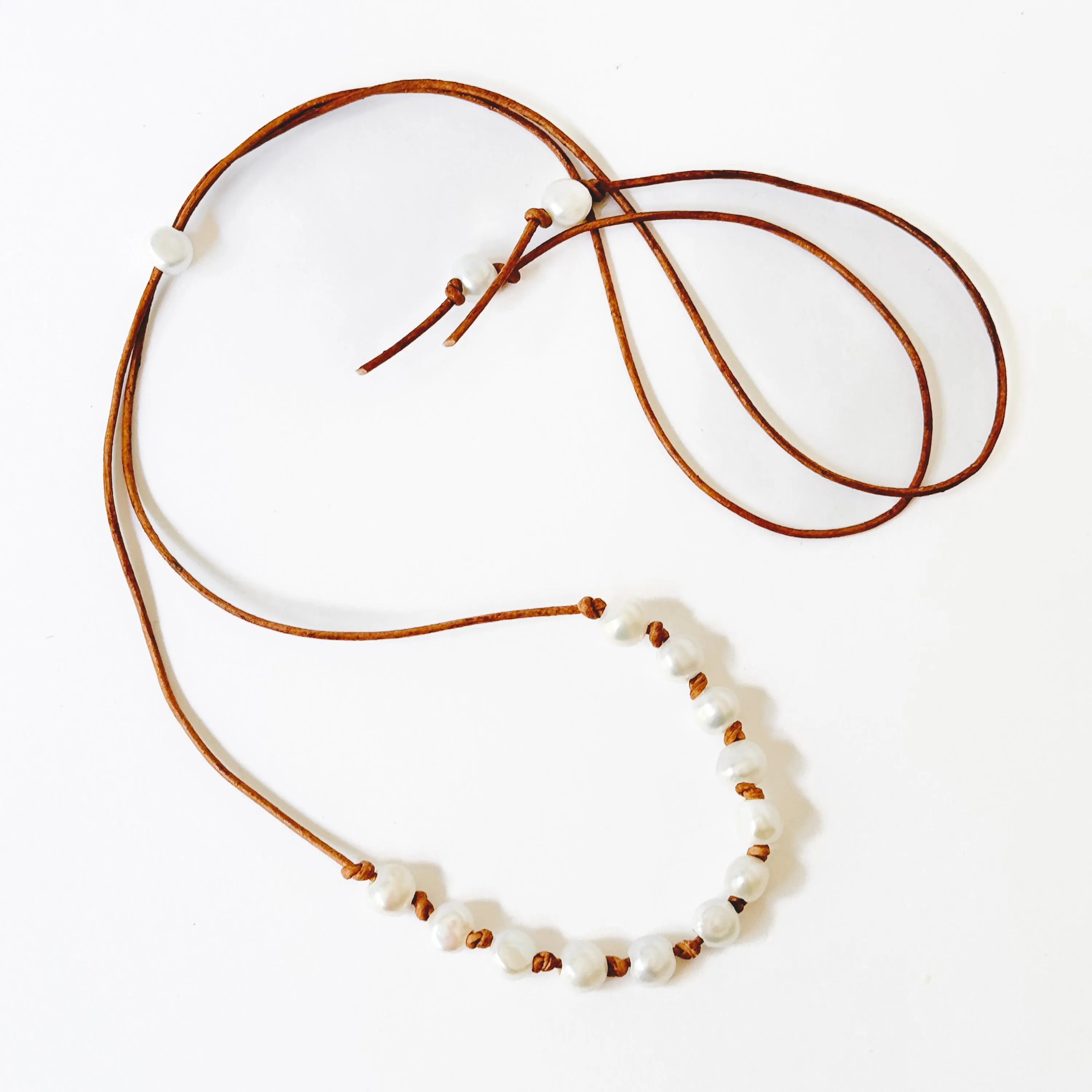 Adjustable Pearl and Leather Cord Necklace