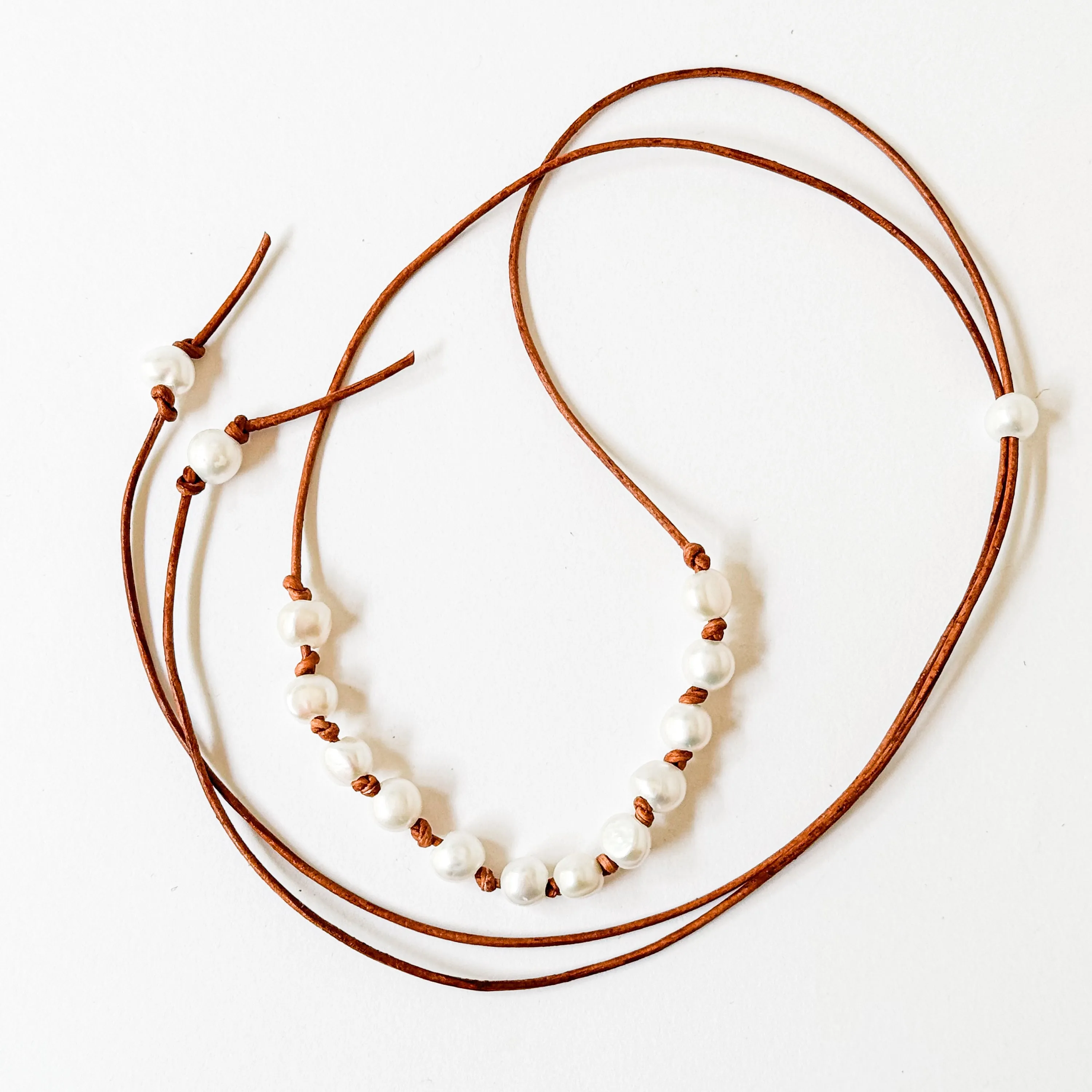 Adjustable Pearl and Leather Cord Necklace