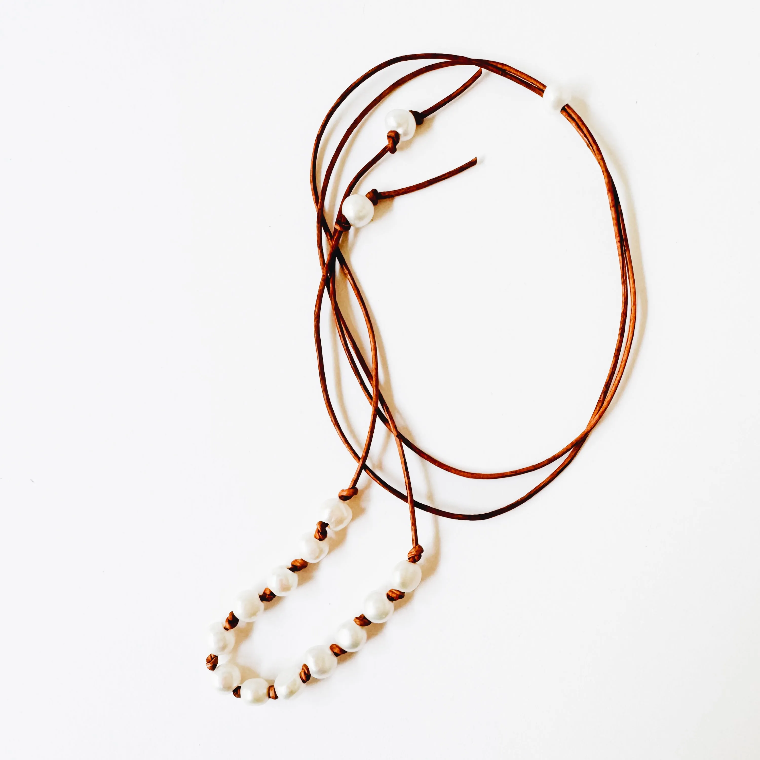 Adjustable Pearl and Leather Cord Necklace