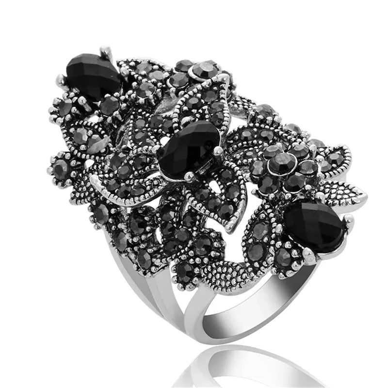 Ajojewel Vintage Retro Luxury Cocktail Ring Women | Black Crystal Rhinestone Flower Jewelry Big Rings