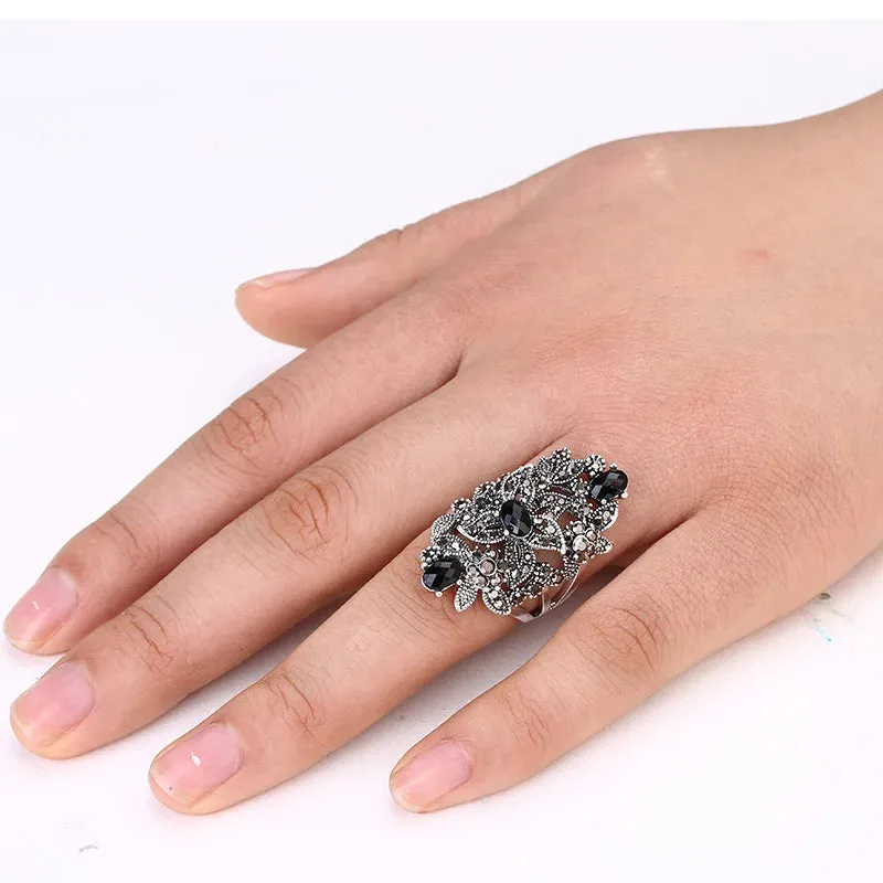 Ajojewel Vintage Retro Luxury Cocktail Ring Women | Black Crystal Rhinestone Flower Jewelry Big Rings