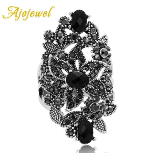Ajojewel Vintage Retro Luxury Cocktail Ring Women | Black Crystal Rhinestone Flower Jewelry Big Rings