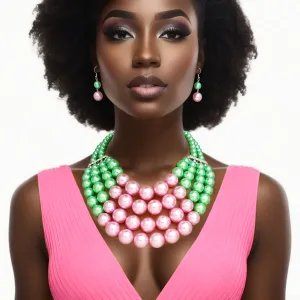 AKA Alpha Kappa Alpha Inspired Chunky Necklace Pink Green Pearl Bib Necklace Set