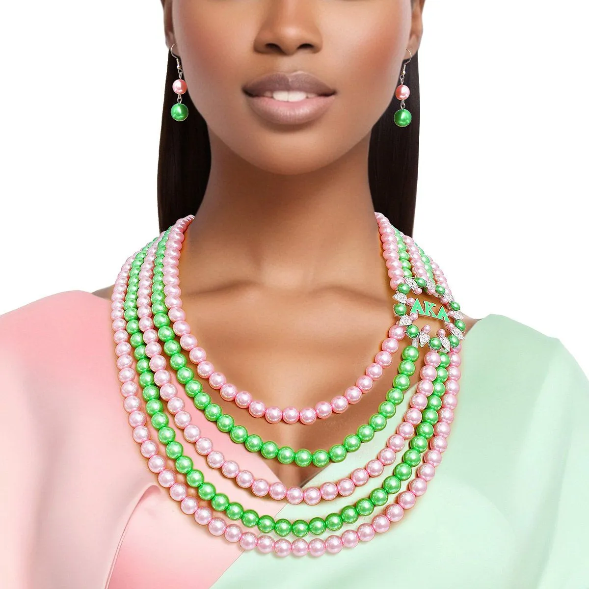 AKA Alpha Kappa Alpha Inspired Necklace Pink Green Pearl AKA Set