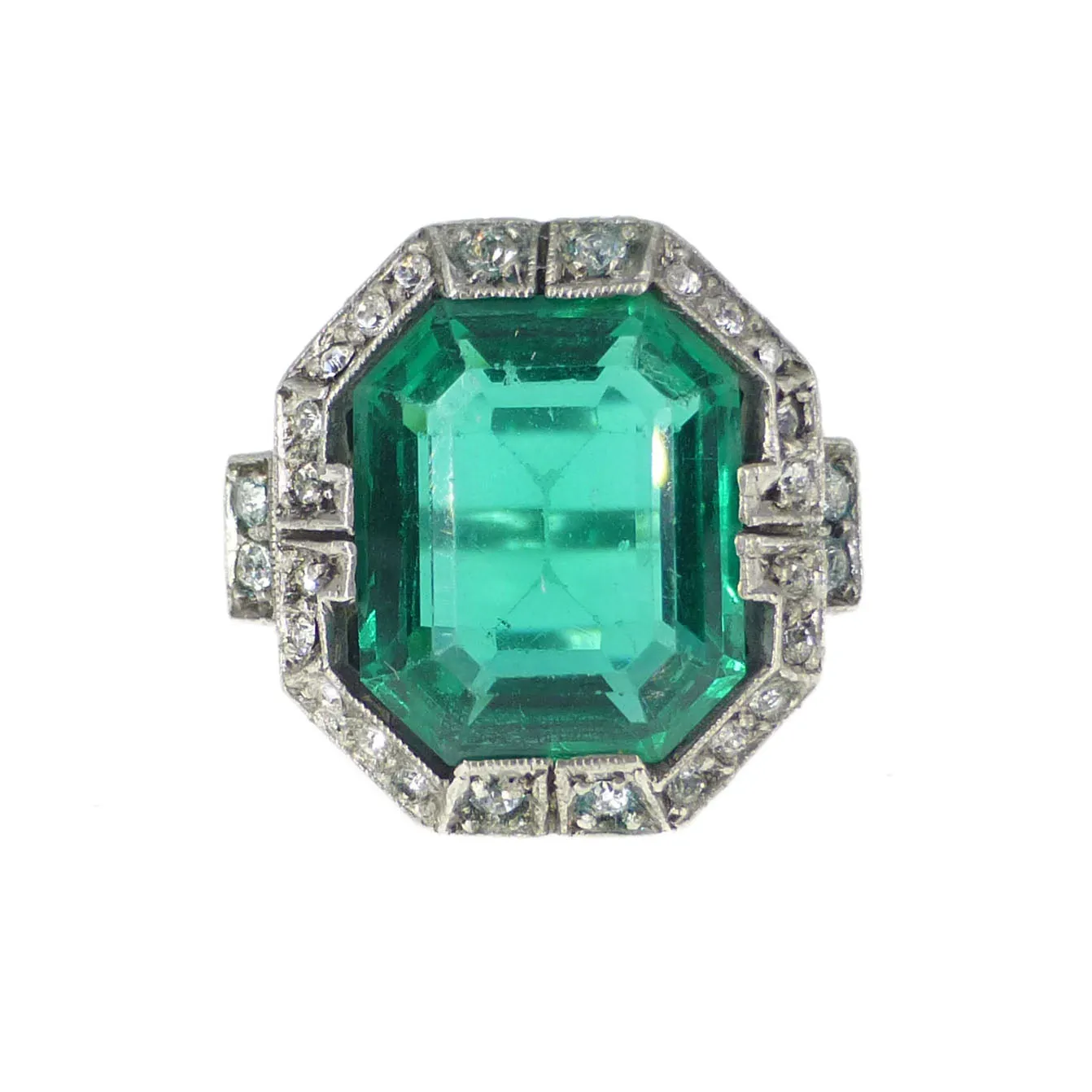 Antique Art Deco German Silver Green Paste Cocktail Ring