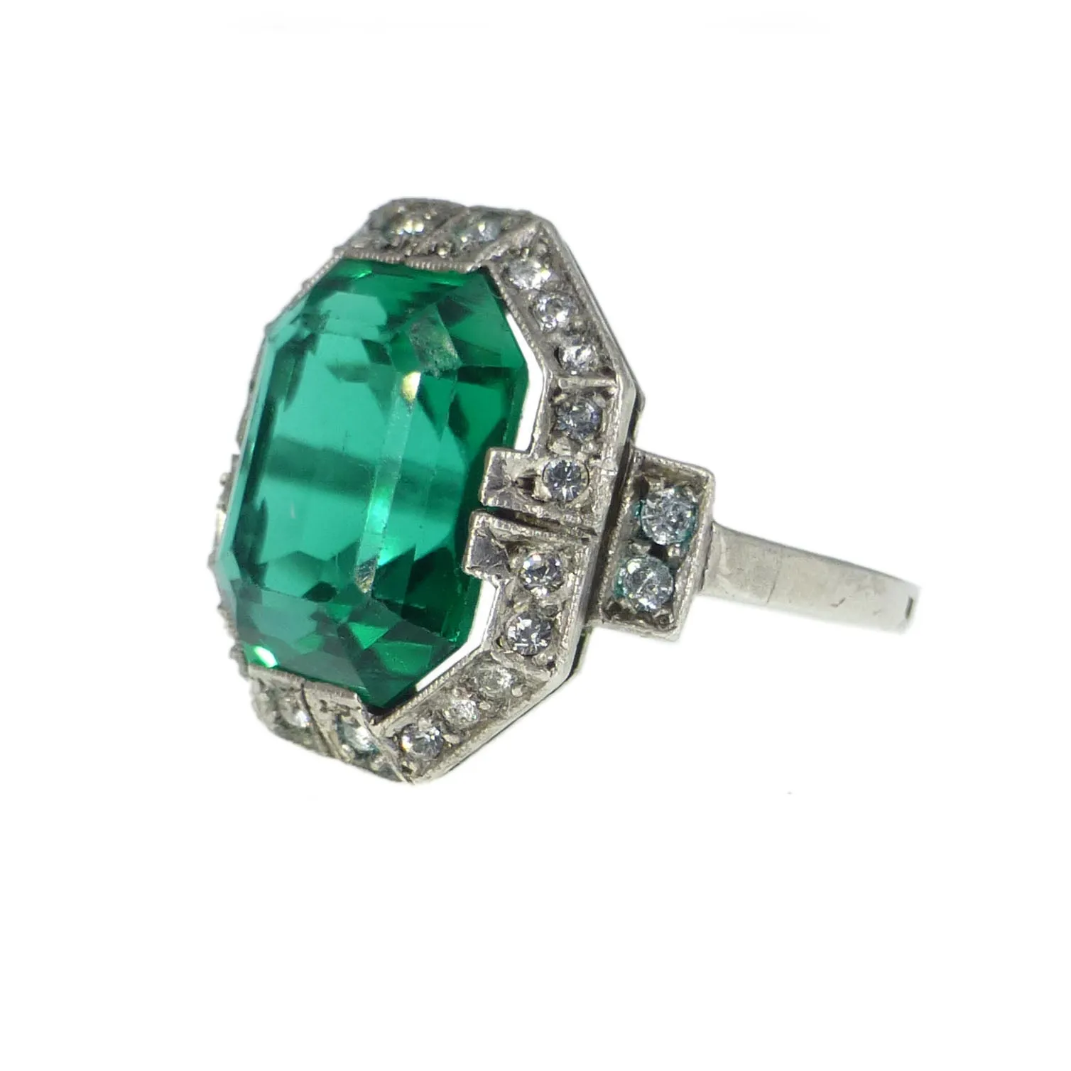 Antique Art Deco German Silver Green Paste Cocktail Ring