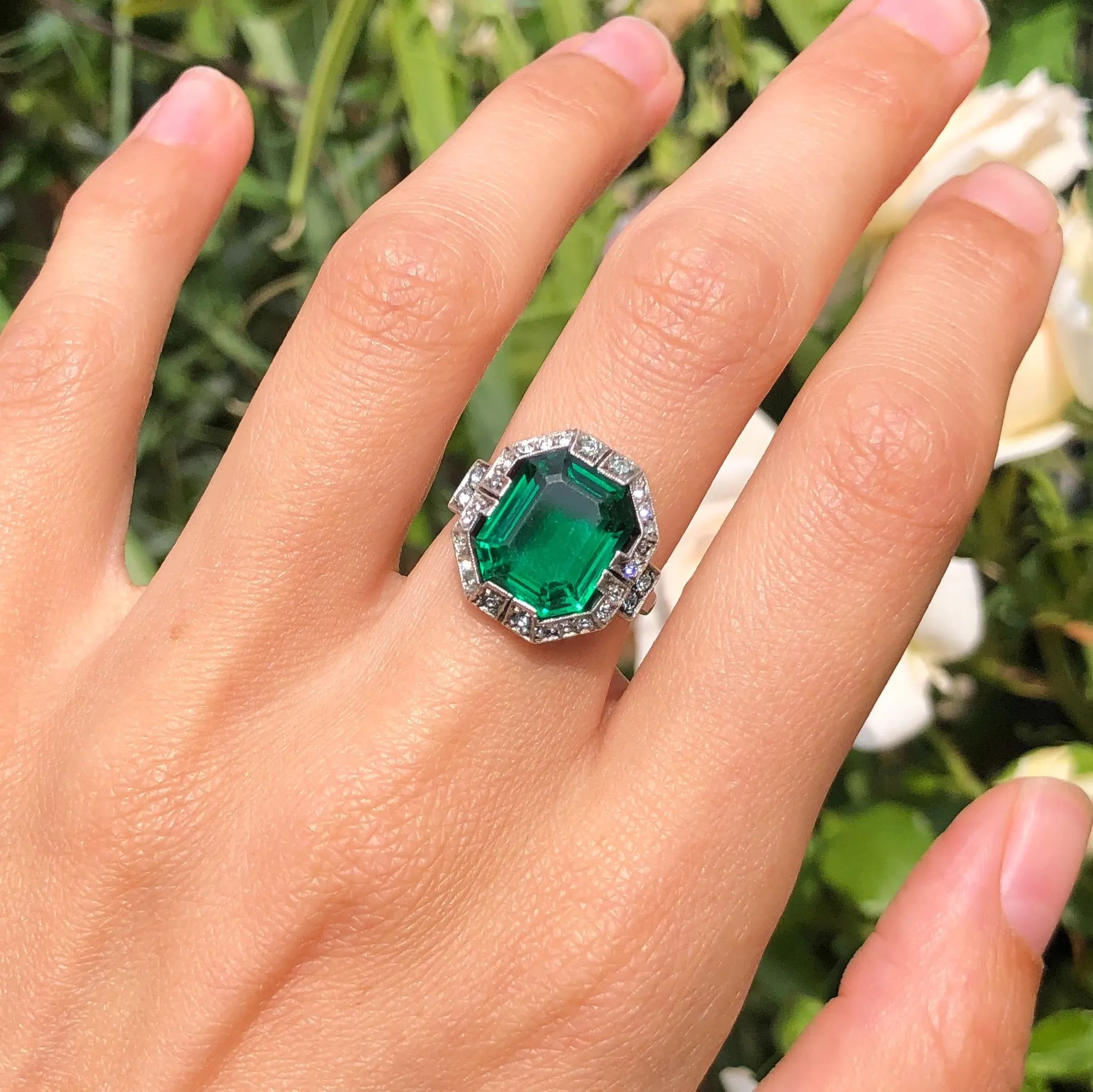 Antique Art Deco German Silver Green Paste Cocktail Ring