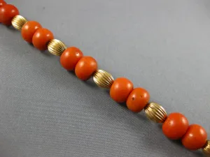 ANTIQUE LARGE & LONG AAA CORAL 14KT YELLOW GOLD 3D BEAD CLASSIC FUN BRACELET