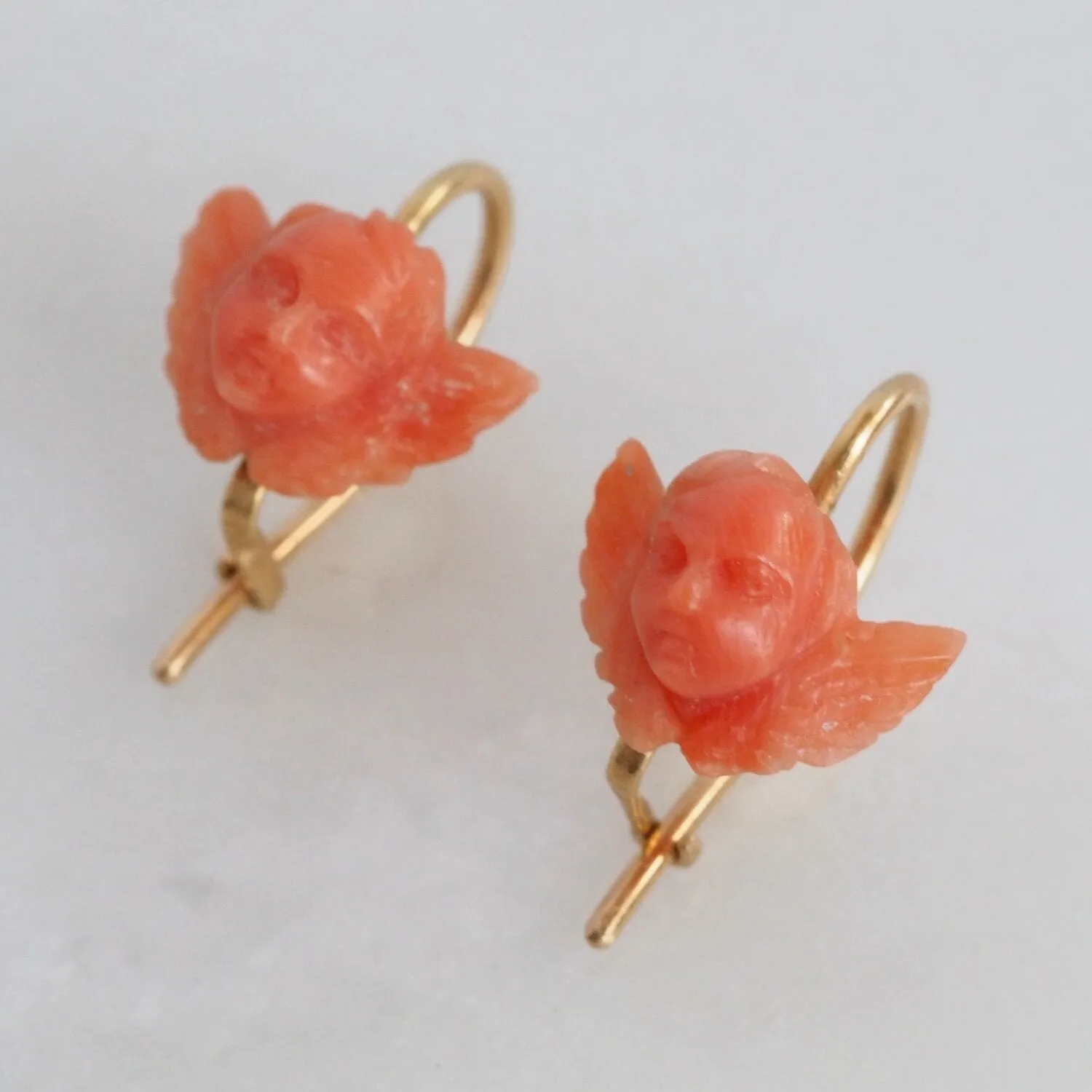Antique Victorian Portuguese 19k Gold Carved Coral Cherub Earrings