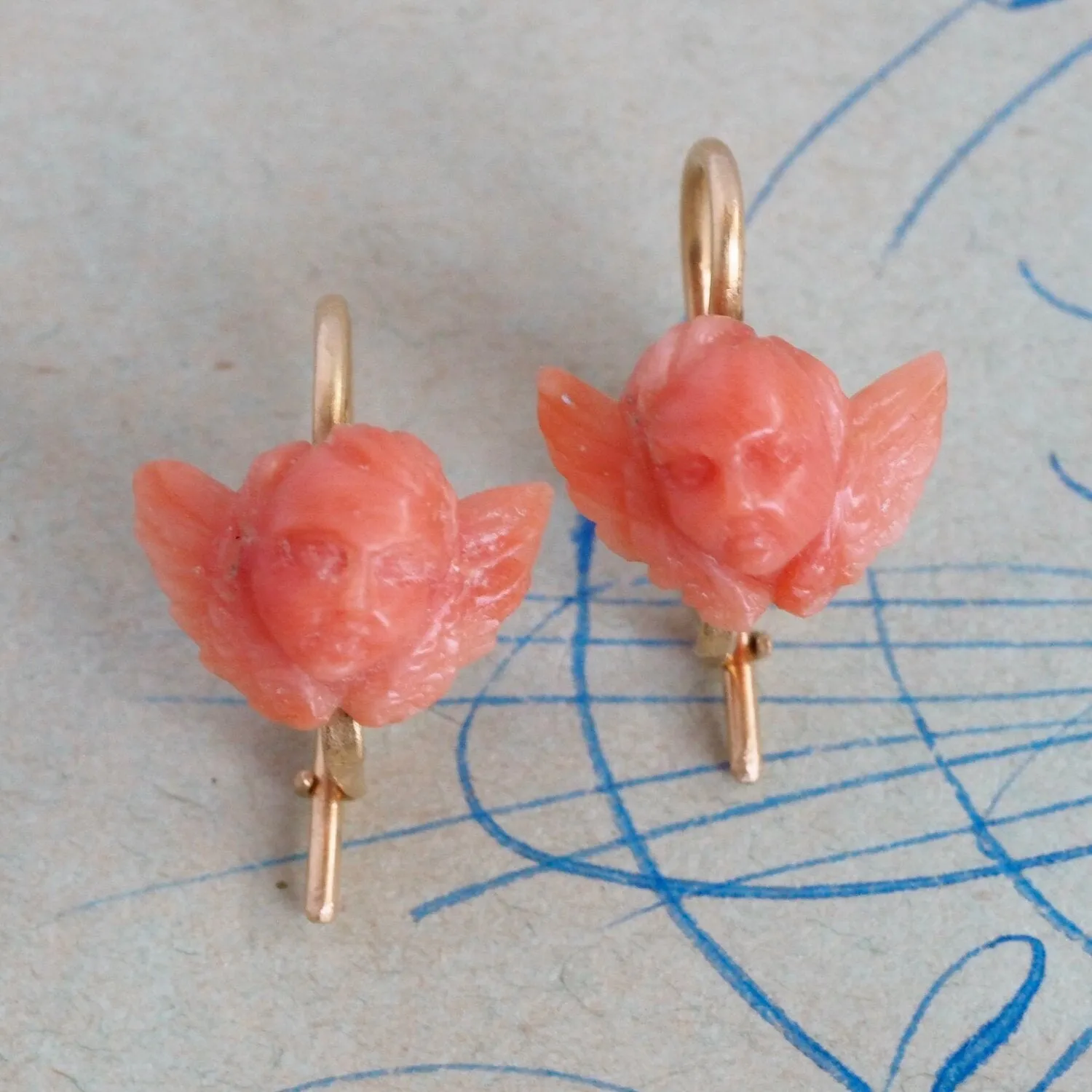 Antique Victorian Portuguese 19k Gold Carved Coral Cherub Earrings