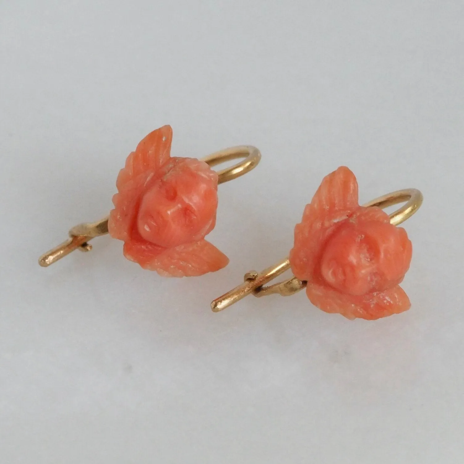 Antique Victorian Portuguese 19k Gold Carved Coral Cherub Earrings
