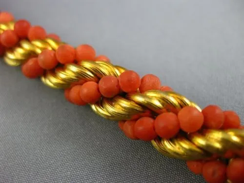 ANTIQUE WIDE & LONG CORAL 18KT YELLOW GOLD 3D SWIRL HANDCRAFTED ROPE BRACELET