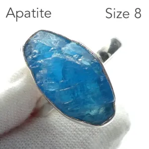 Apatite Ring, Neon Blue Raw Nugget, 925 Silver S1