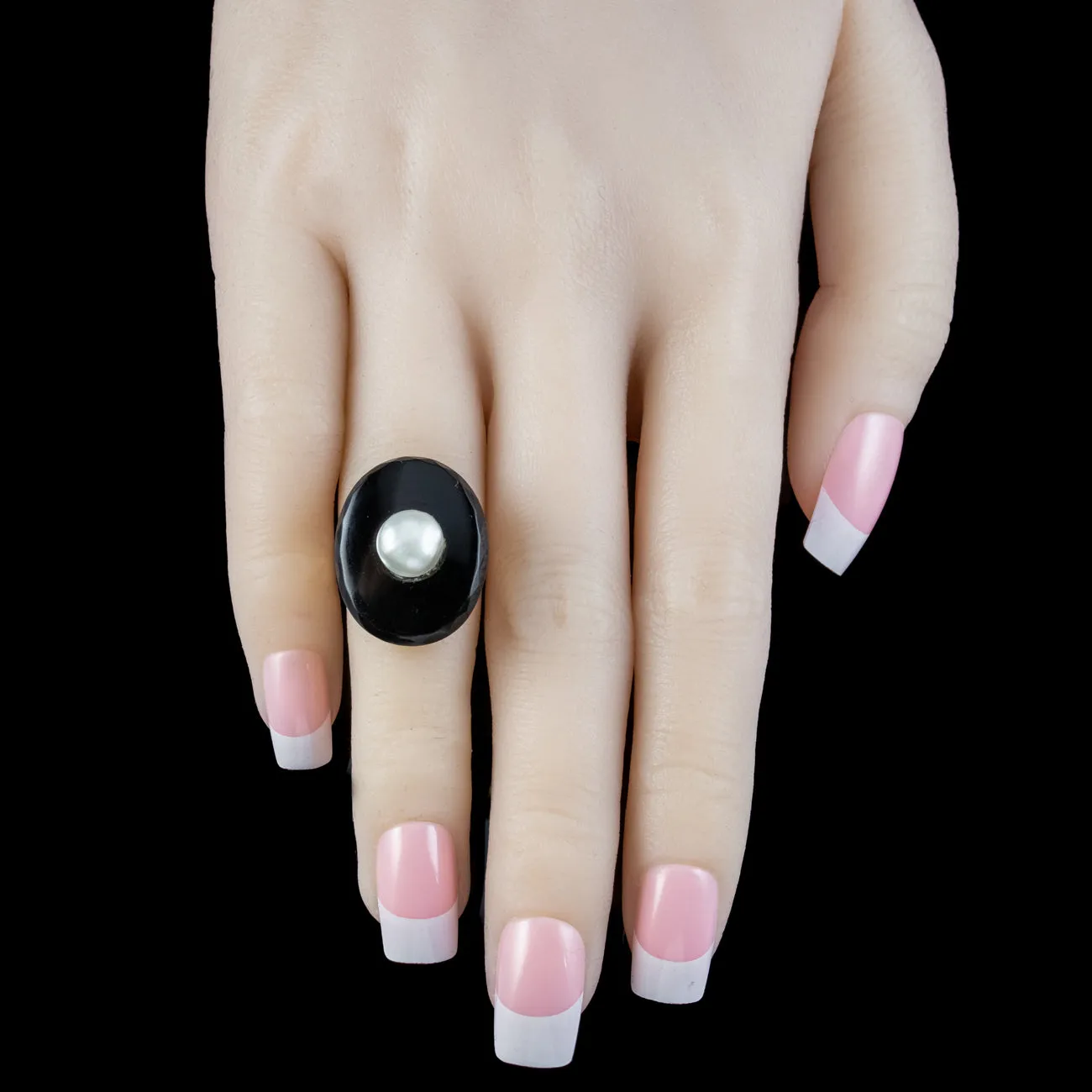 Art Deco Onyx Pearl Cocktail Ring