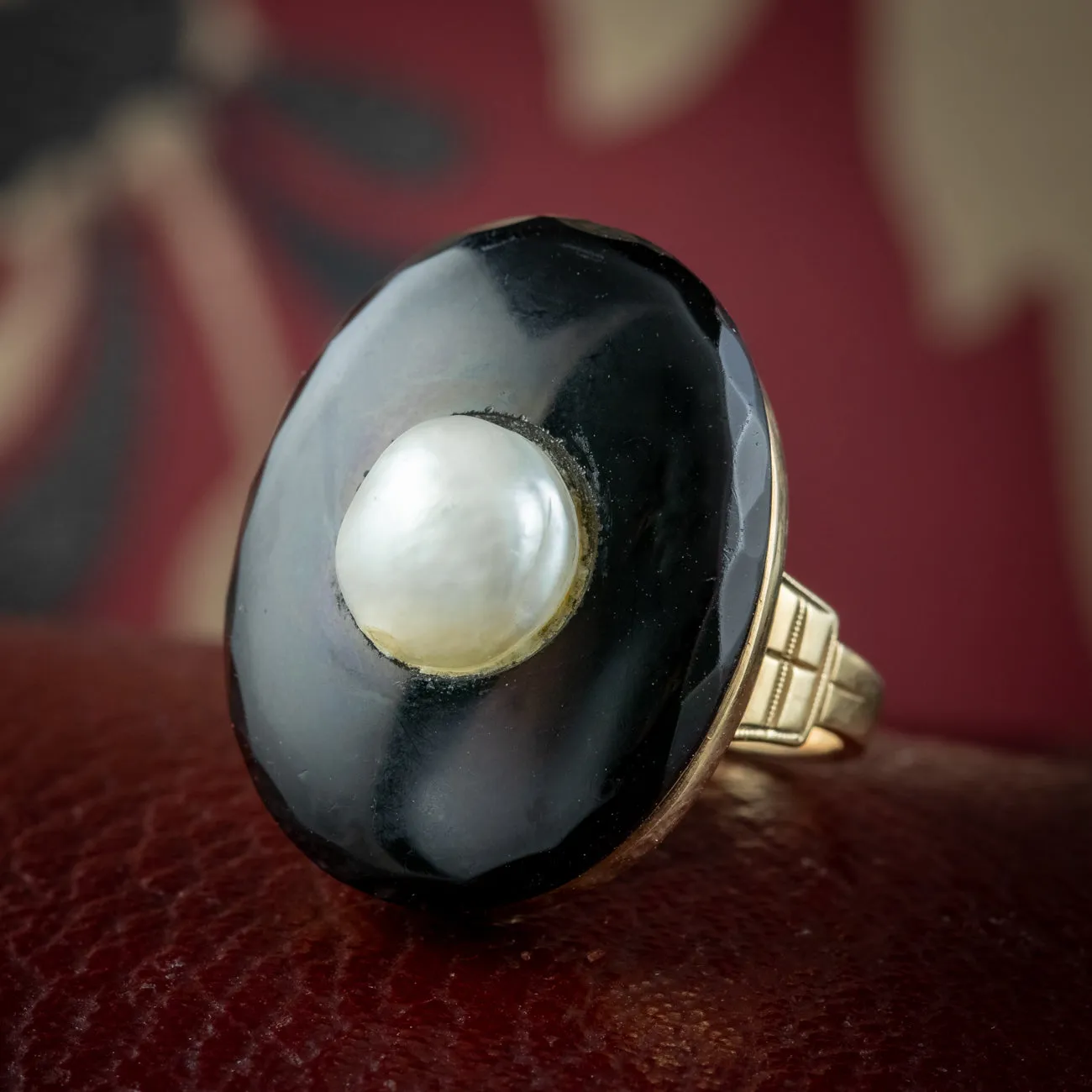 Art Deco Onyx Pearl Cocktail Ring