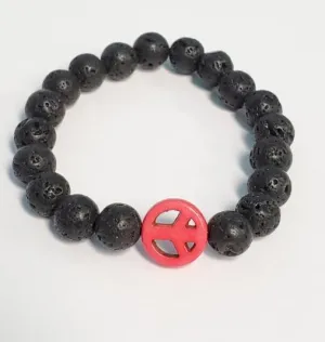 B467 Black Lava Stone Coral Pink Peace Sign Bead Bracelet