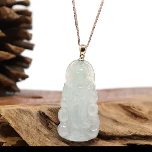 Baikalla 14k "Goddess of Compassion" Guan Yin Genuine Burmese Jadeite Jade Necklace With Bail